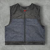Club style shorty perforated leather/blue denim vest